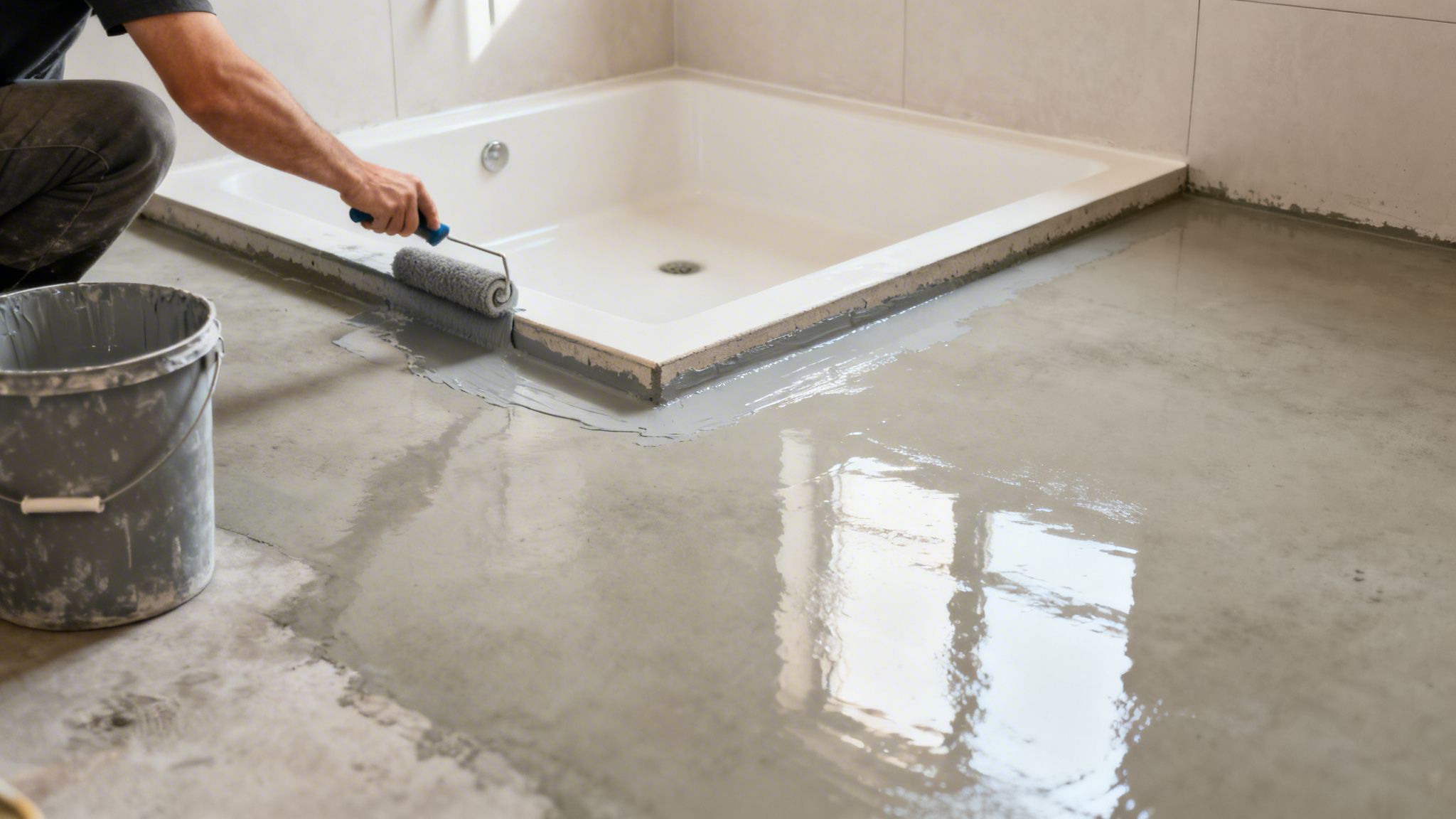 Person, der arbejder på at støbe gulv i badeværelse med beton.