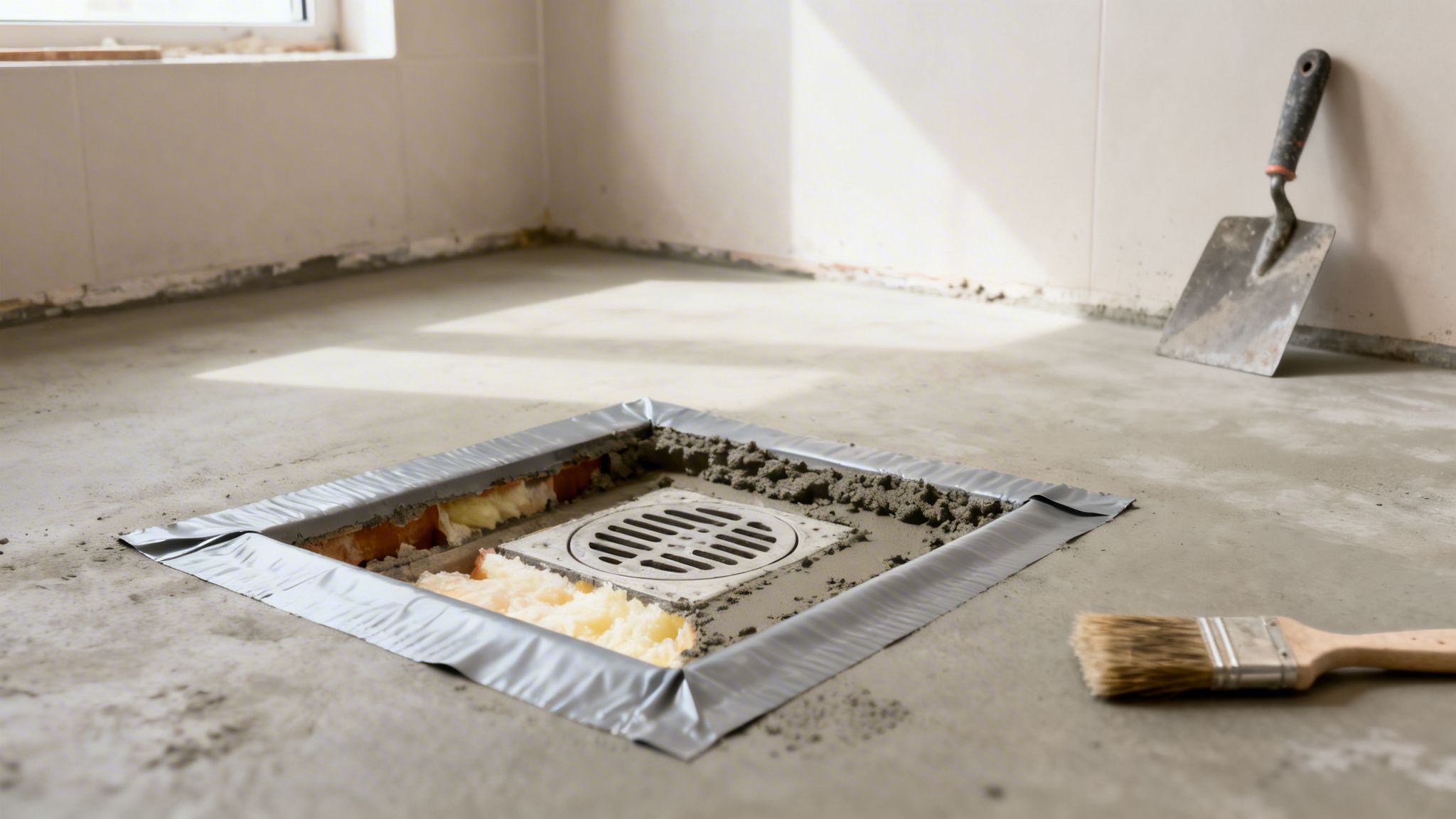 Billede af støbt badeværelsesgulv med afløb og værktøj.