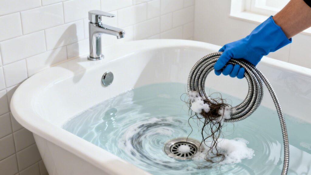 Kloakrensning med slange og snavset affald i badekar.