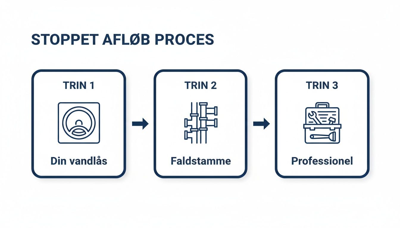Billedet viser en tre-trins proces til afløbsrensning i badeværelset.