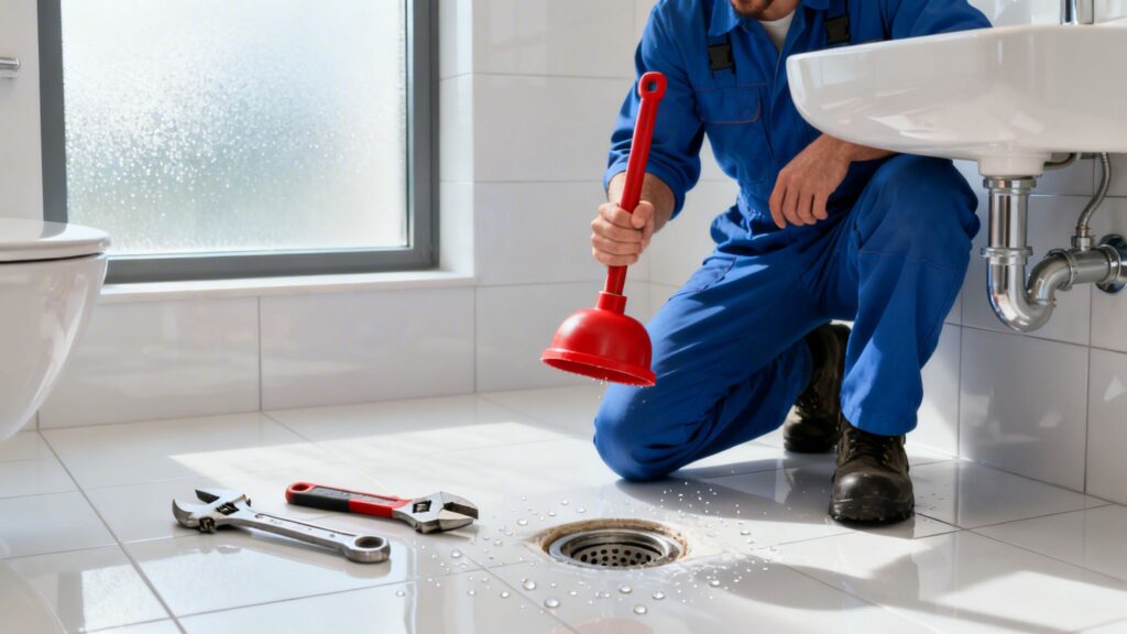 Kloakservice tekniker med rørinspektion i badeværelse.