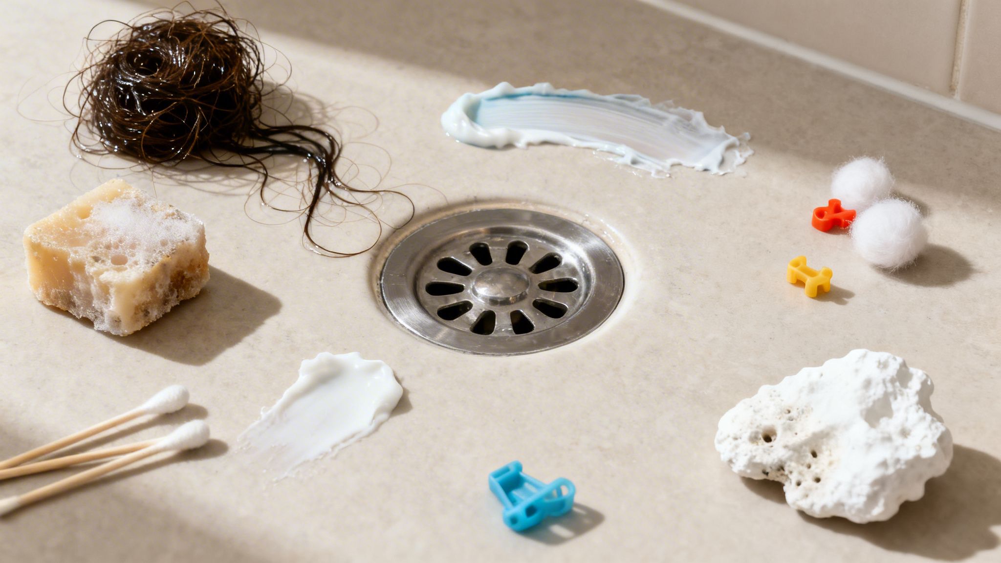 Billedet viser rod med hår, sæbe og legetøj omkring afløbet i badeværelset.