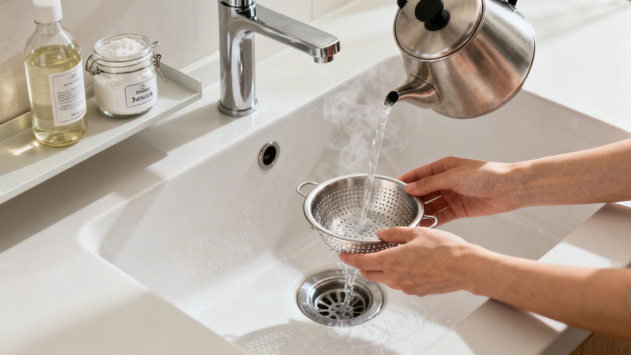 Person renser afløb i badeværelse med stål si og varmt vand.
