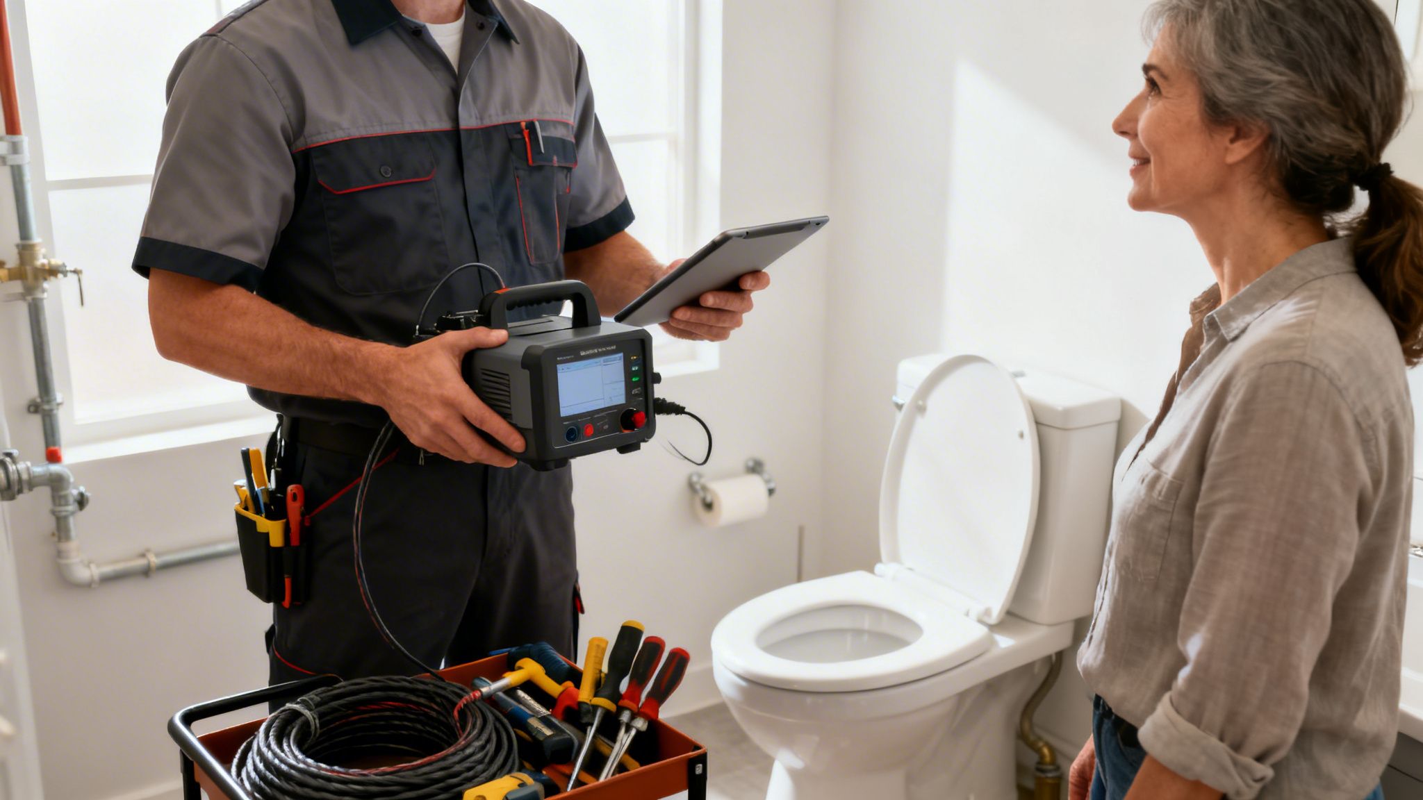 Kloakmester vurderer toiletproblem med avanceret udstyr.
