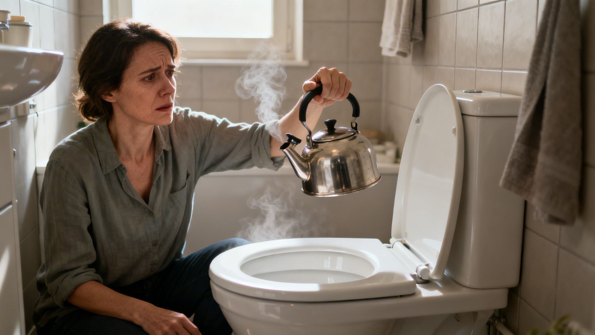 Kvinde bekymret over tilstoppet toilet med kogende vand i badeværelse.