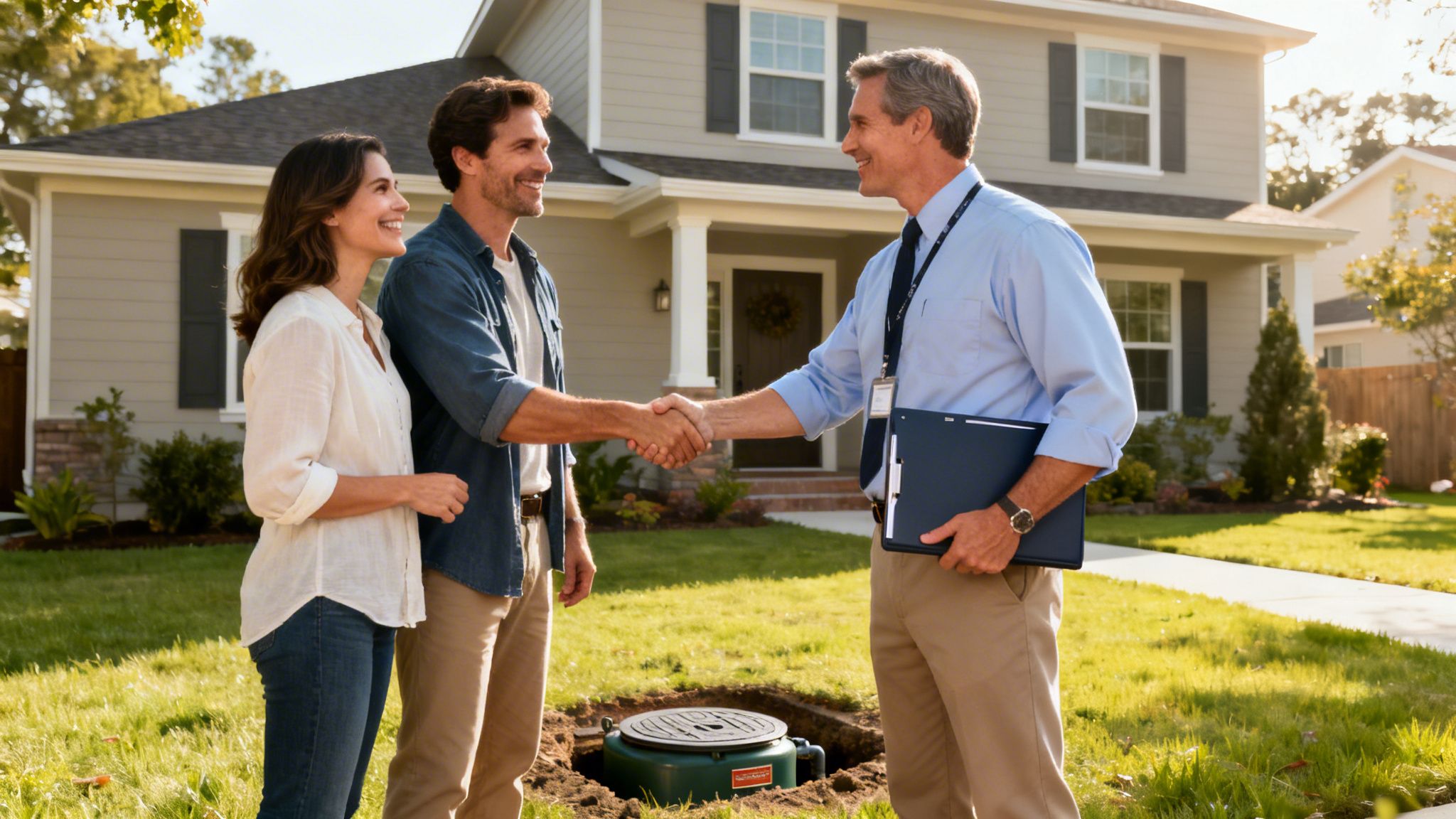 Et par giver hånd til en servicetekniker foran deres hus med en nedgravet olietank i forgrunden.