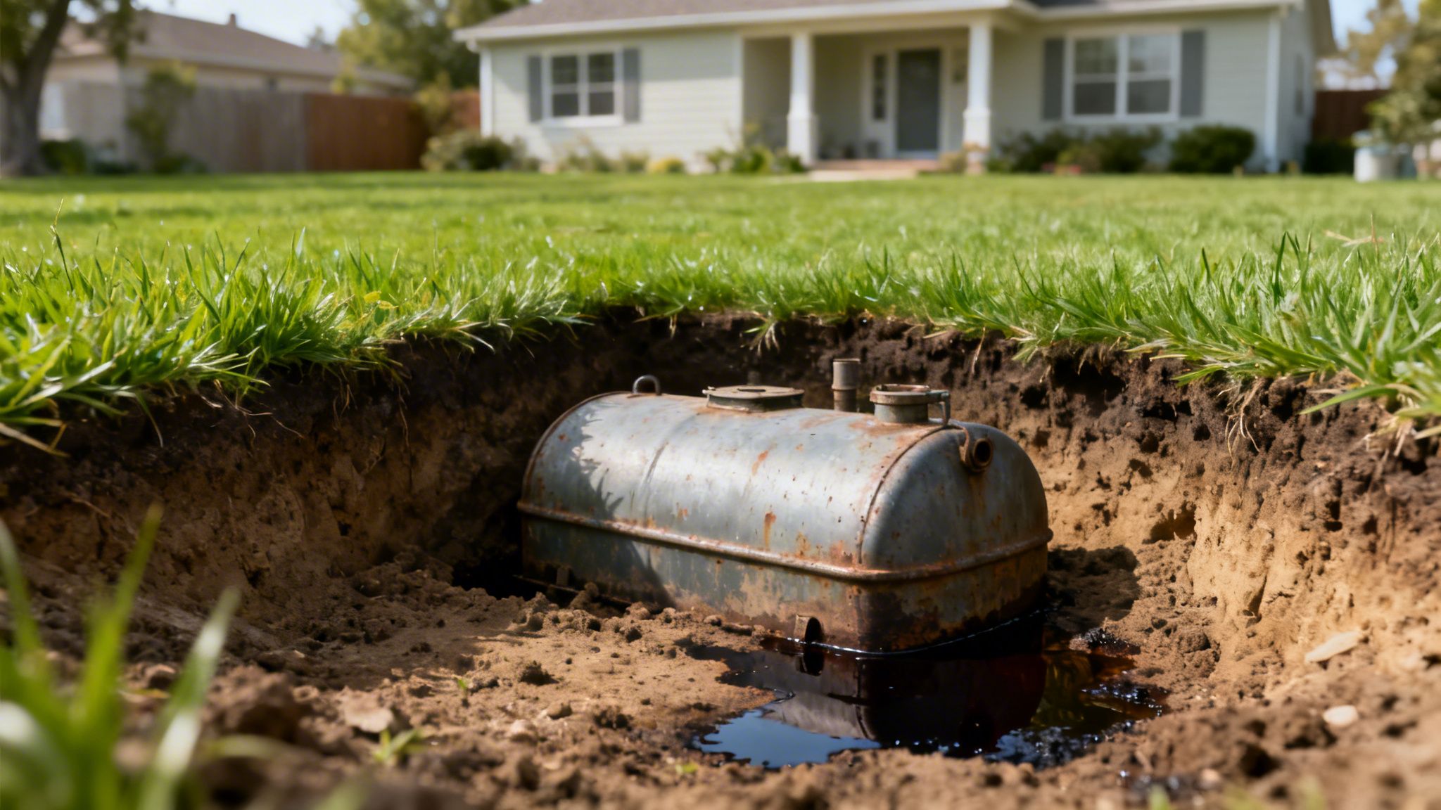 En rusten, nedgravet olietank med udsivning i et hul i en græsplæne foran et hus.