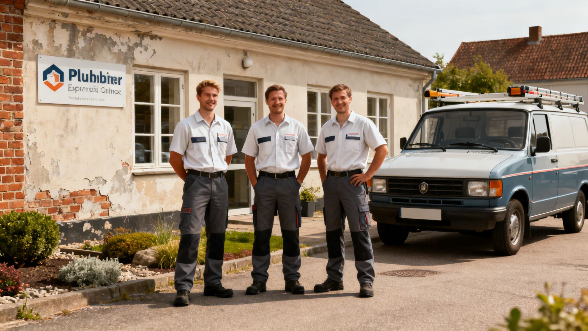 Kloakservice team står foran en bygning med servicebil.