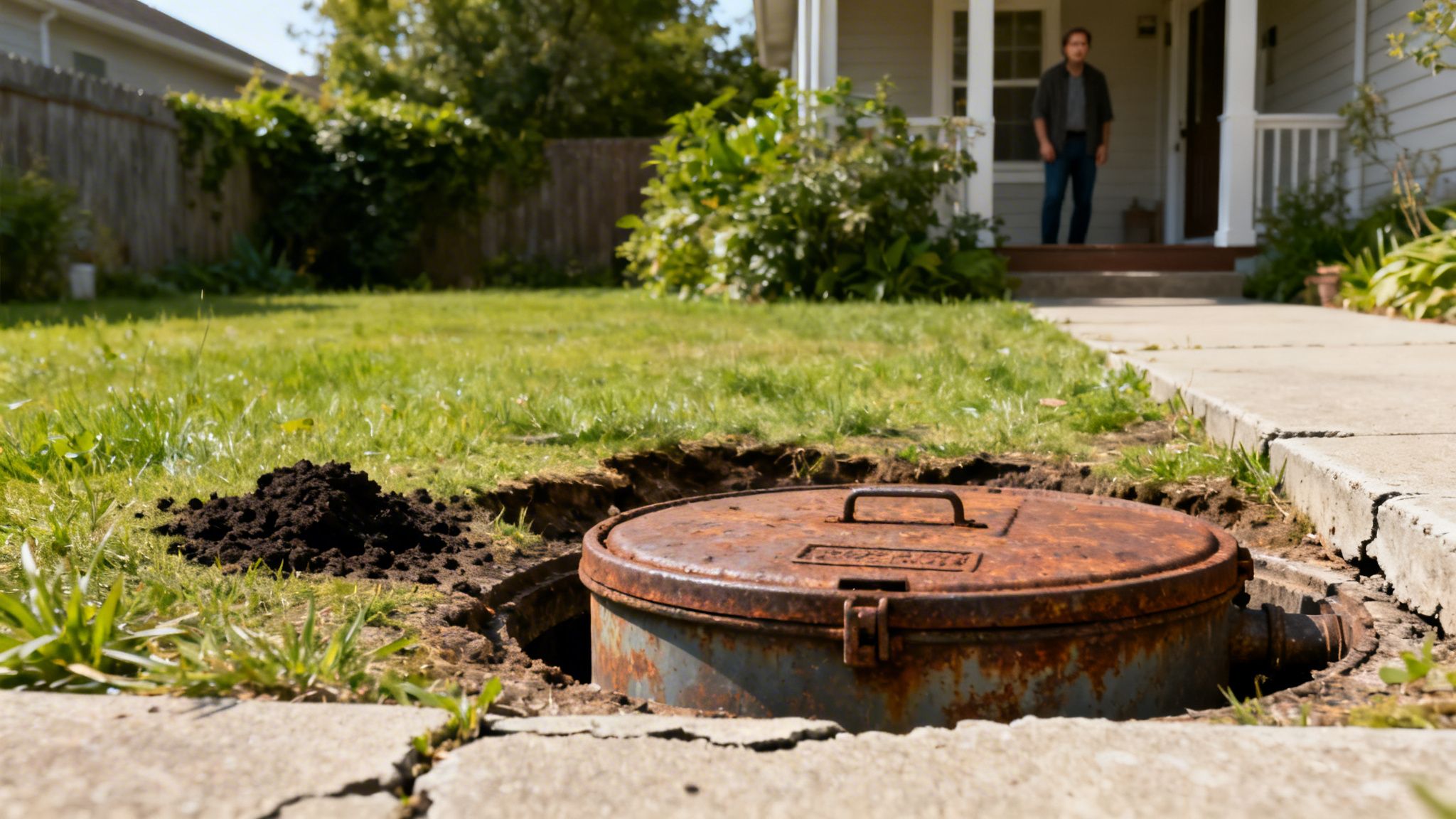 Et rustent metal olietanklåg i jorden, omgivet af jord og græs, med en mand på en veranda i baggrunden.
