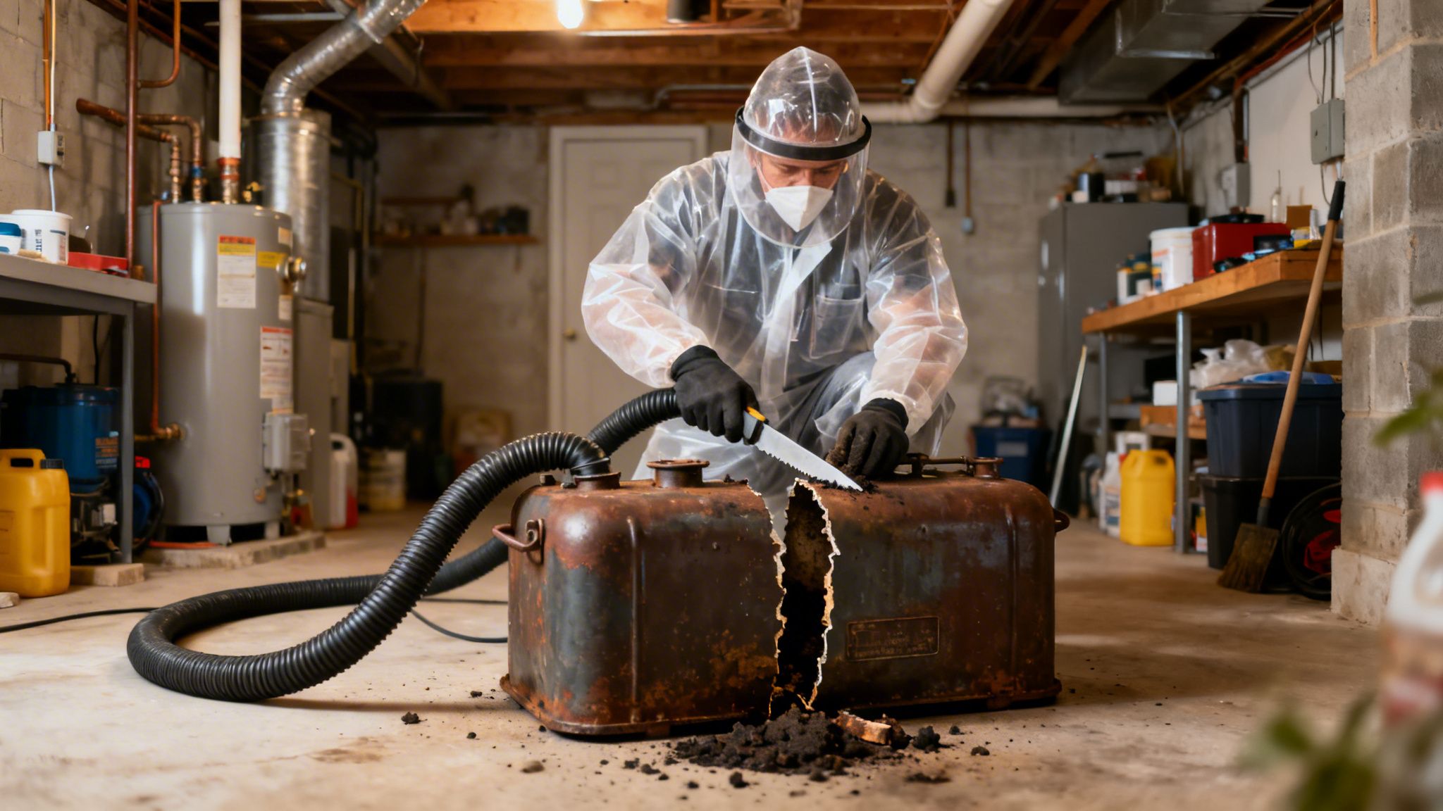 Mand fjerner en rusten olietank i et værksted.