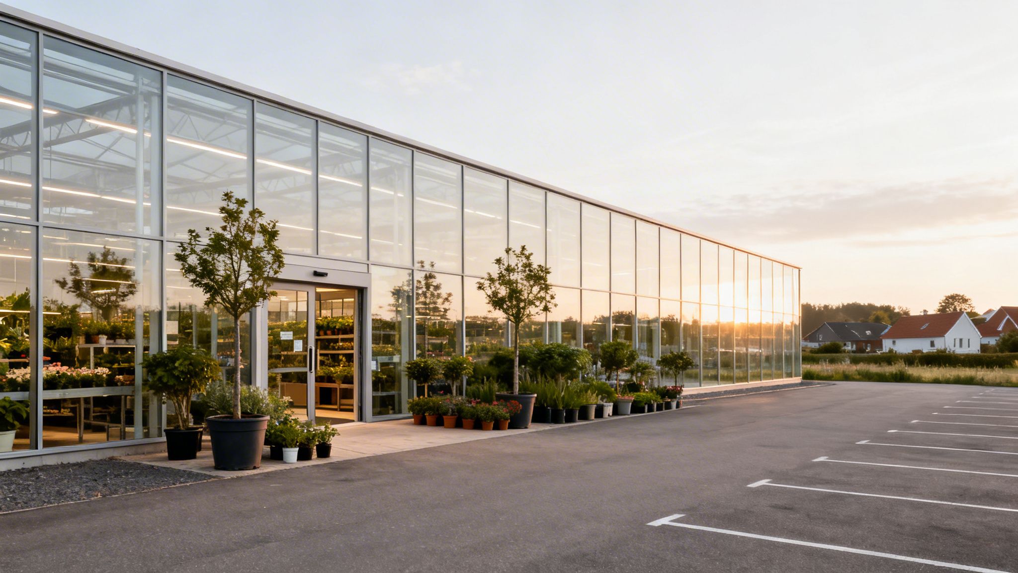 Et moderne havecenter eller planteskole med glasfacade og grønne planter foran og indeni ved solnedgang.