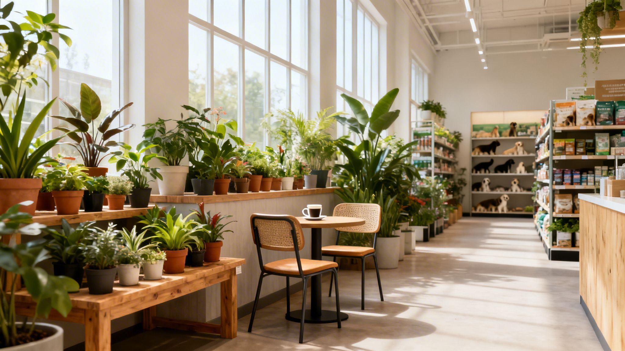 Indendørs plantebutik med store vinduer og grønne planter.
