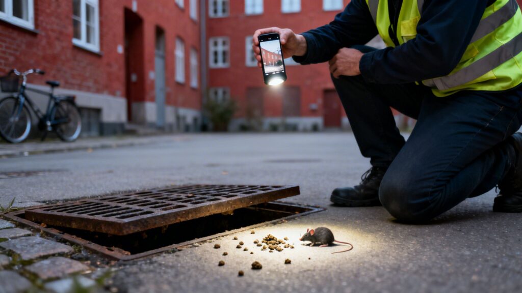 Kloakinspektion med smartphone og mus i gade i København.