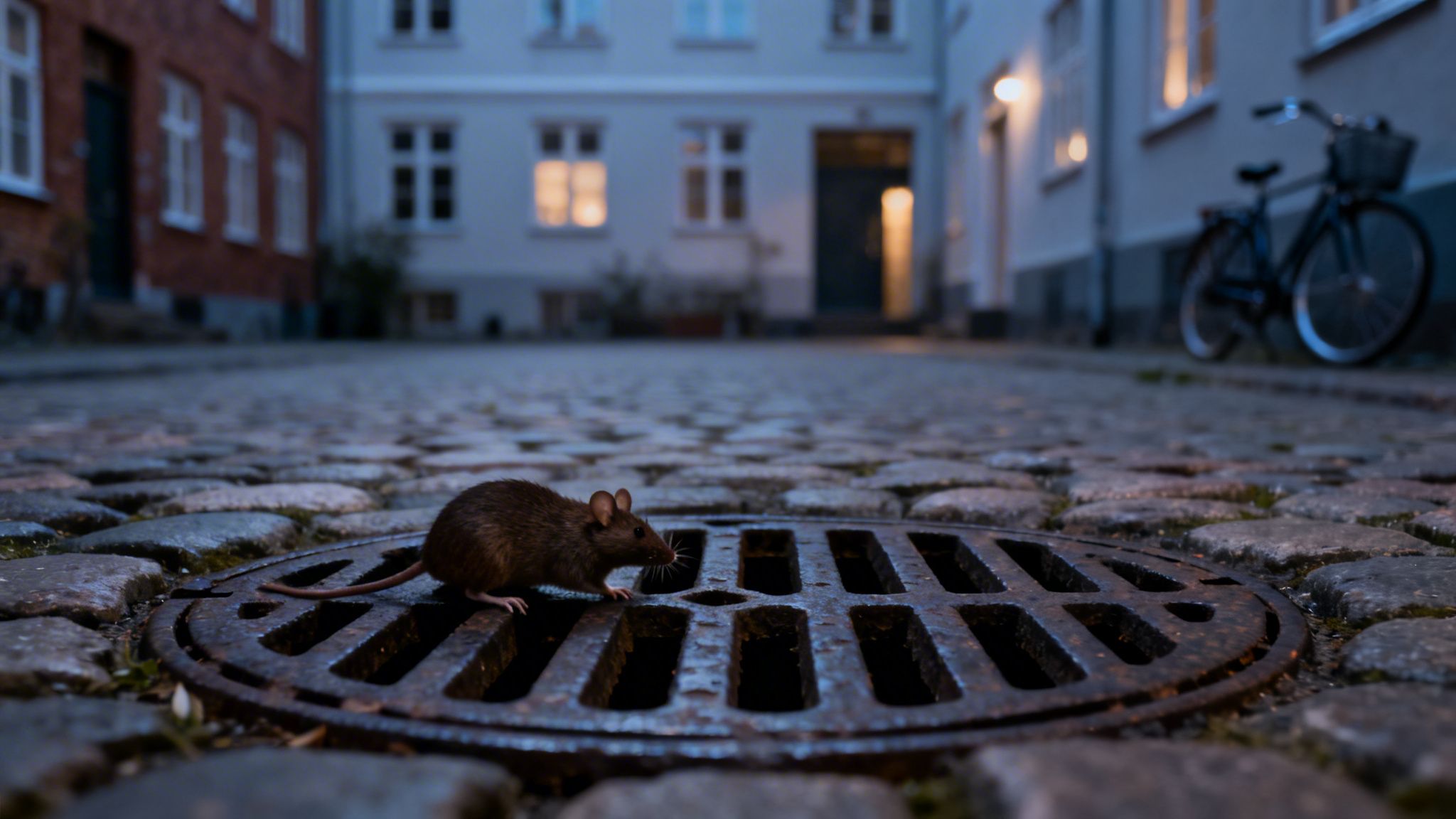 En brun rotte sidder på et kloakdæksel på brosten i en bygyde om aftenen.