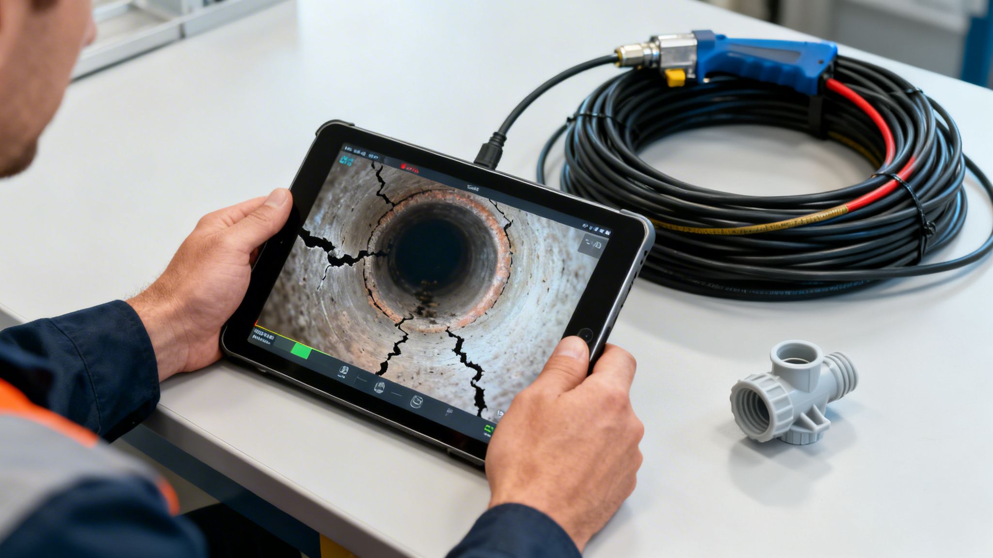 Teknisk inspektion af kloak med tablet og kameraudstyr i København.