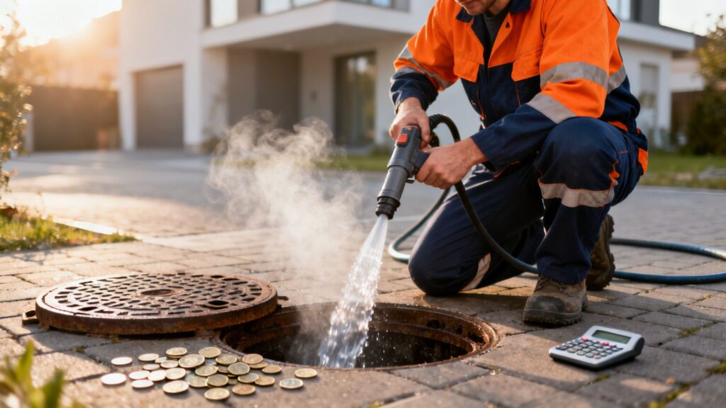 Kloakservice ekspert renser kloak med specialværktøj i boligområde.