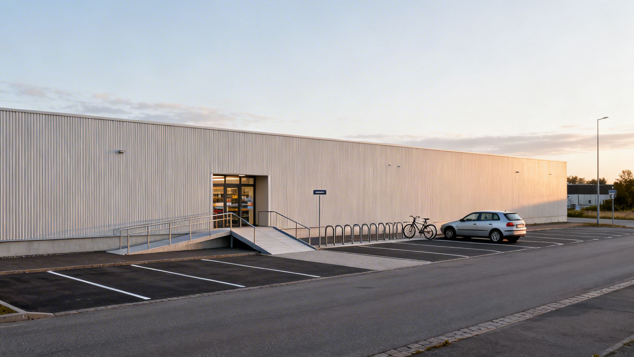 En hvid butiksbygning med rampe, indgang, parkeringsplads, sølvfarvet bil og cykler i aftensol.
