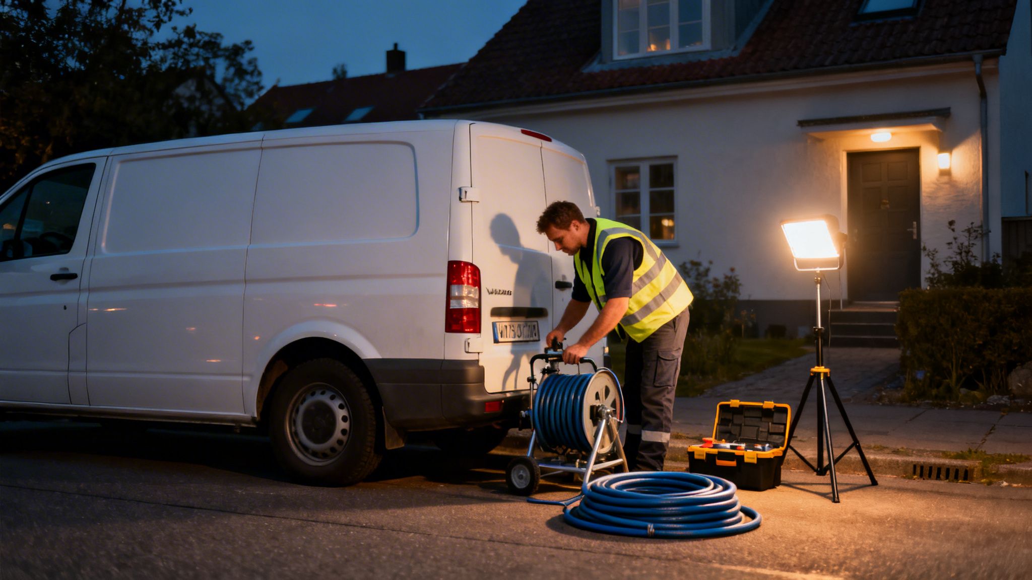 Kloakservice ekspert arbejder ved en hvid varevogn om aftenen.