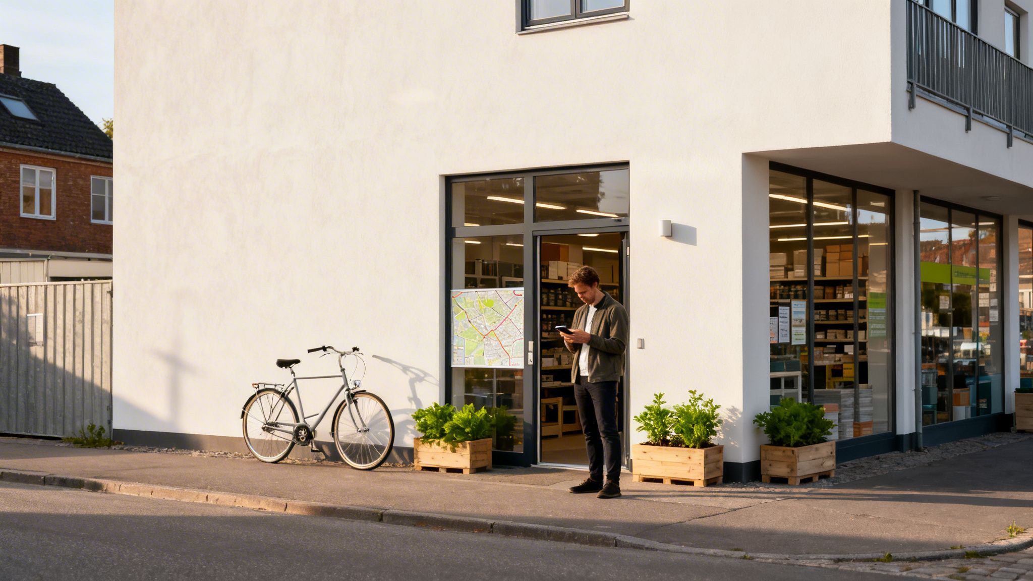 En mand står uden for en butik med en cykel og kigger på sin telefon. Et kort hænger på butiksvinduet.