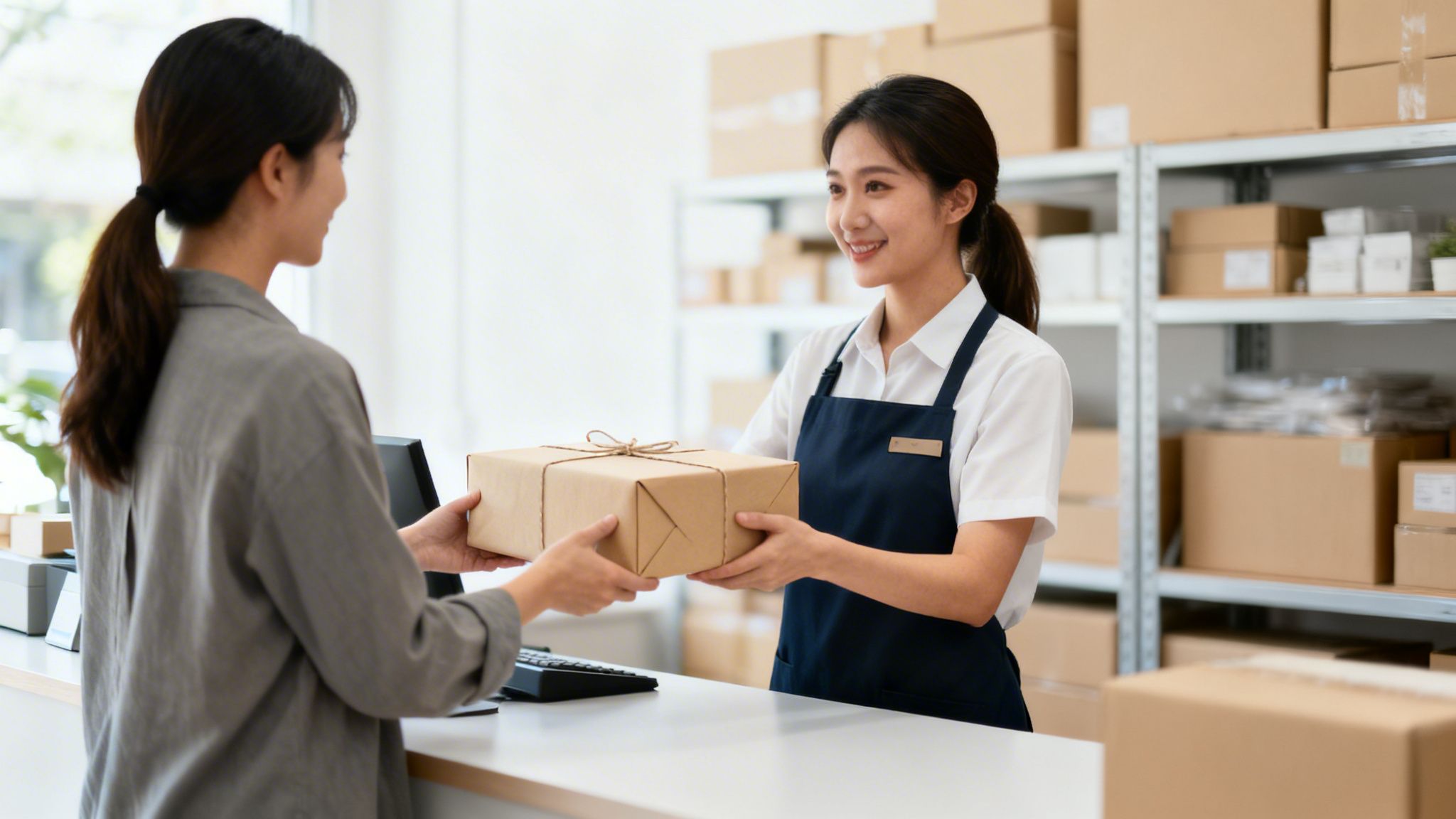 En venlig medarbejder rækker en indpakket pakke til en smilende kunde i et logistikcenter.