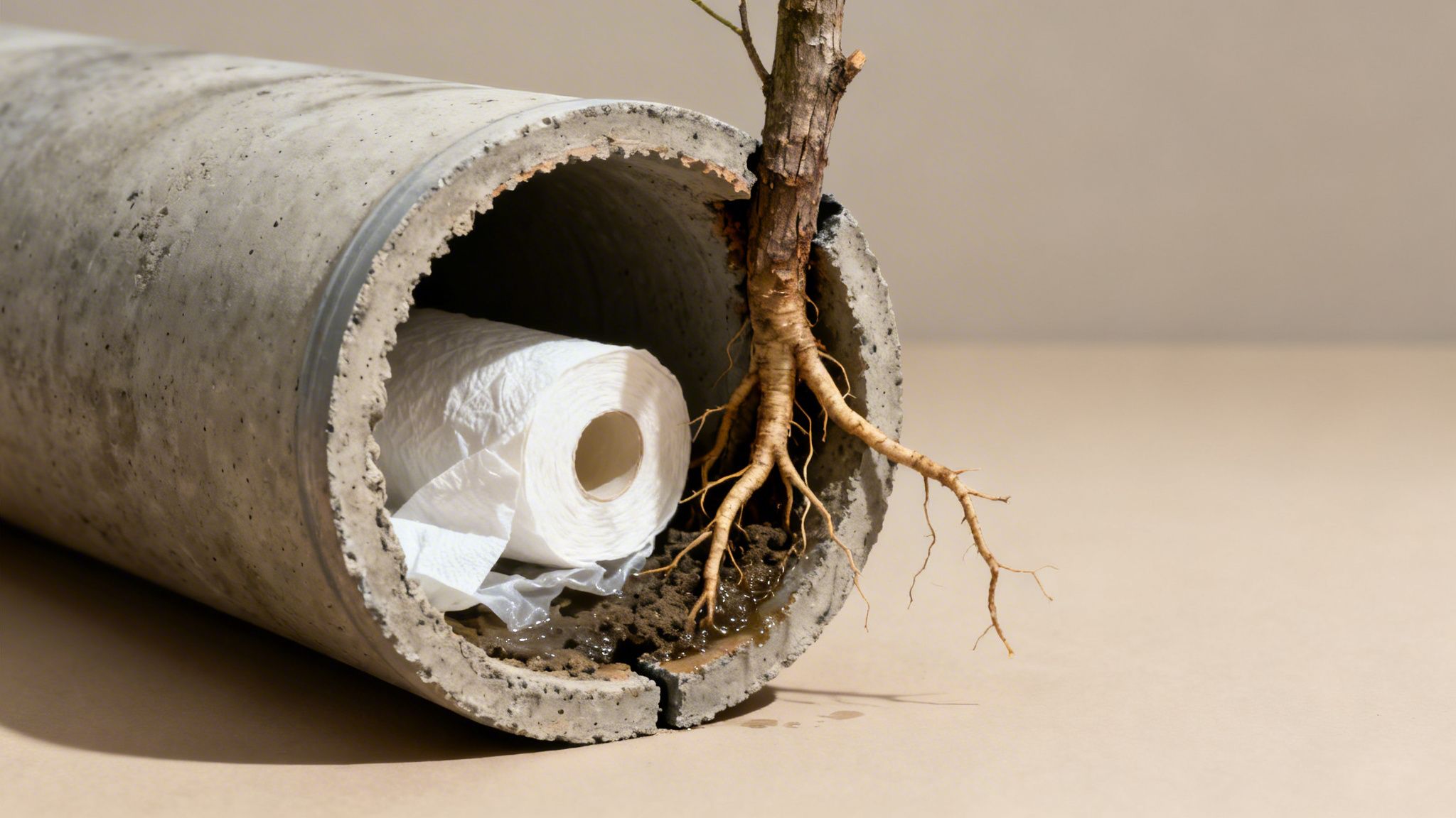 Kloakrør med trærod, klar til reparation eller inspektion. Professionel kloakservice fra CK Kloakser.