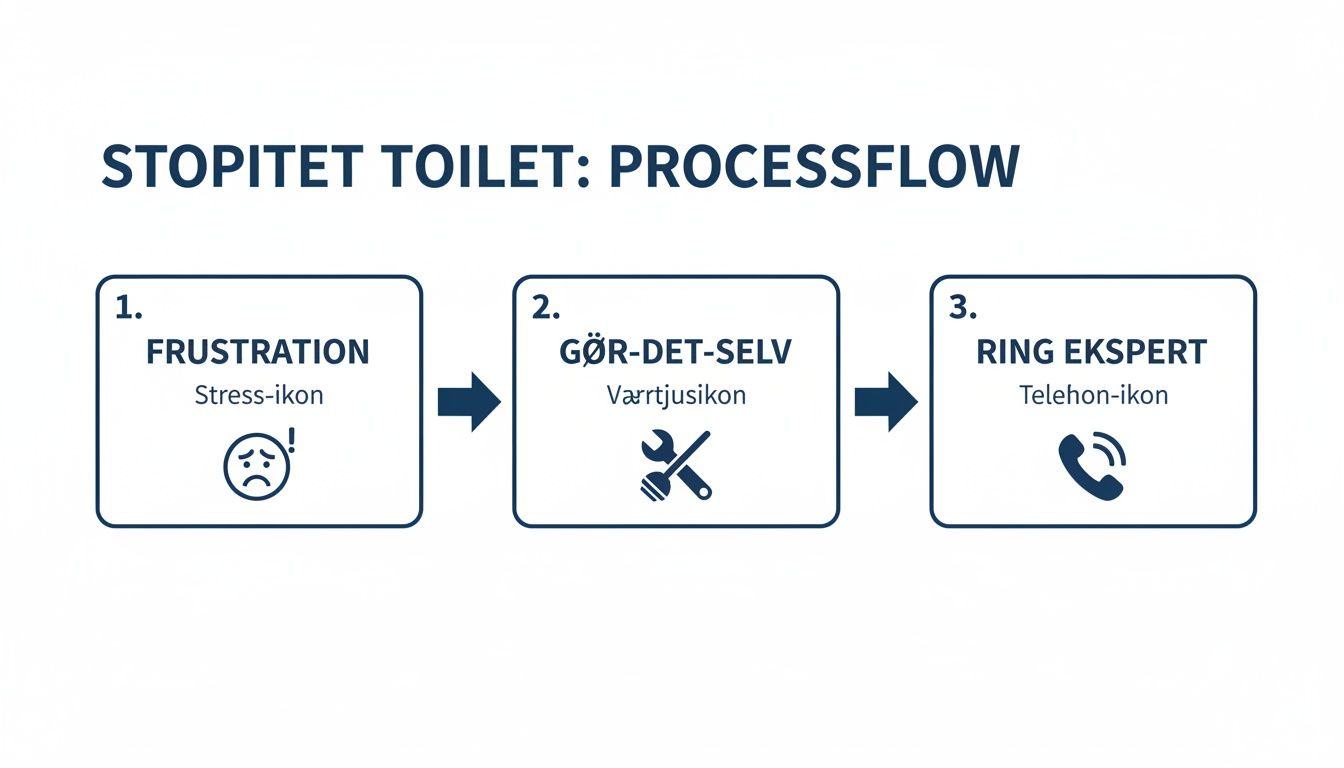 Procesflow for et stoppet toilet: frustration, gør-det-selv og ring til en ekspert.