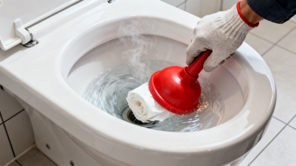 Rensning af toilet med kloakservice, professionel kloakarbejde.