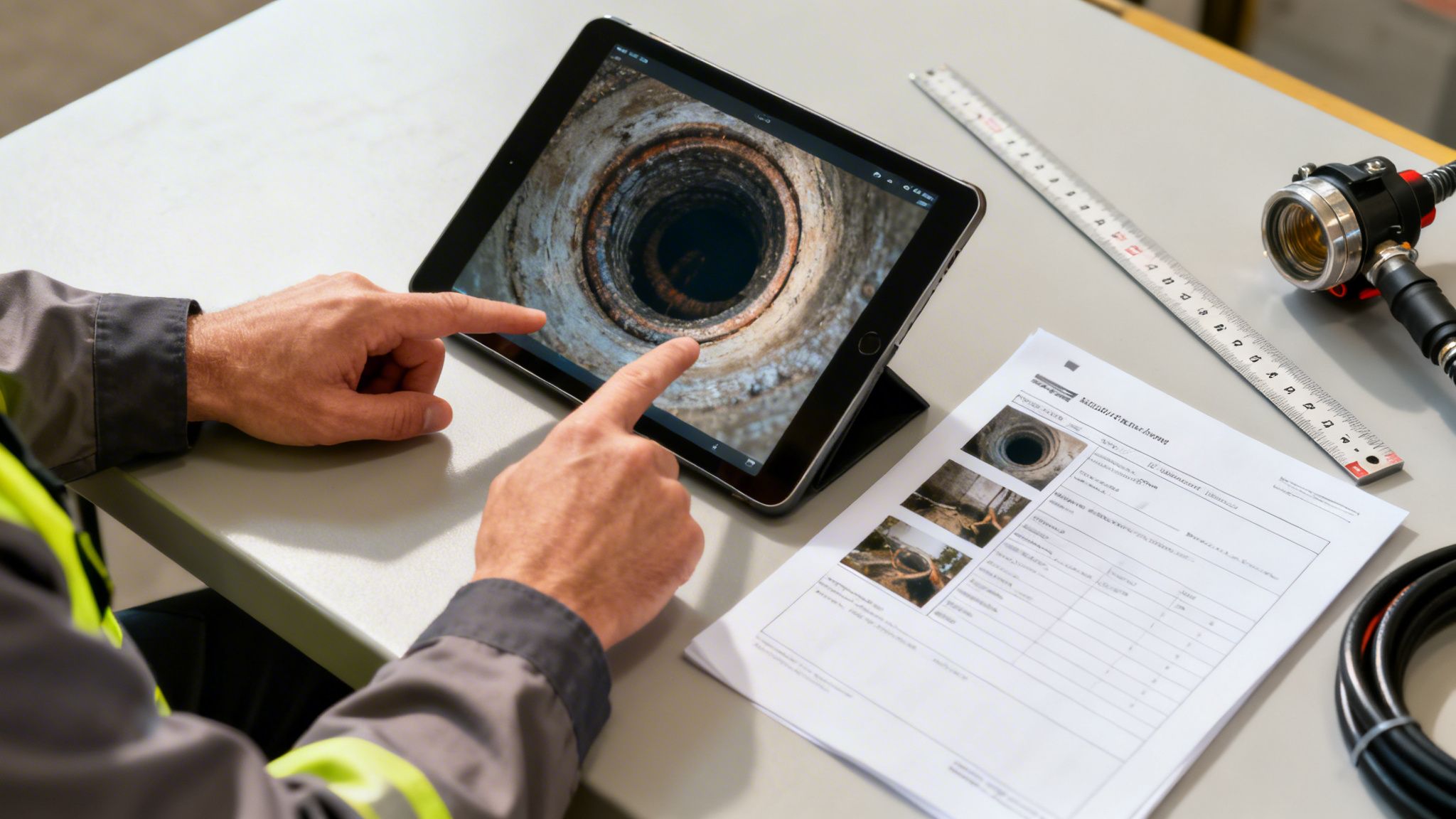 Kloakinspektion med tablet og kamera til vurdering af kloakrør.