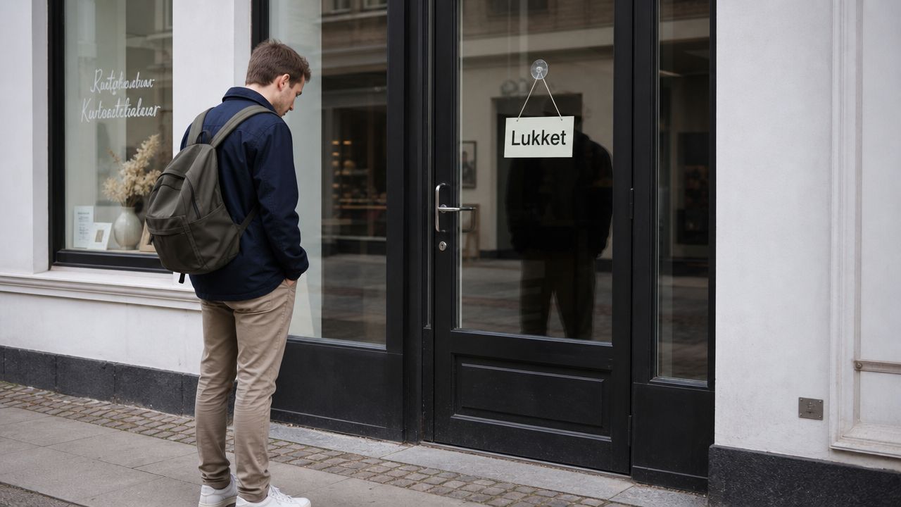 En mand med rygsæk står og kigger på en lukket butiksdør i en gågade i Hillerød.
