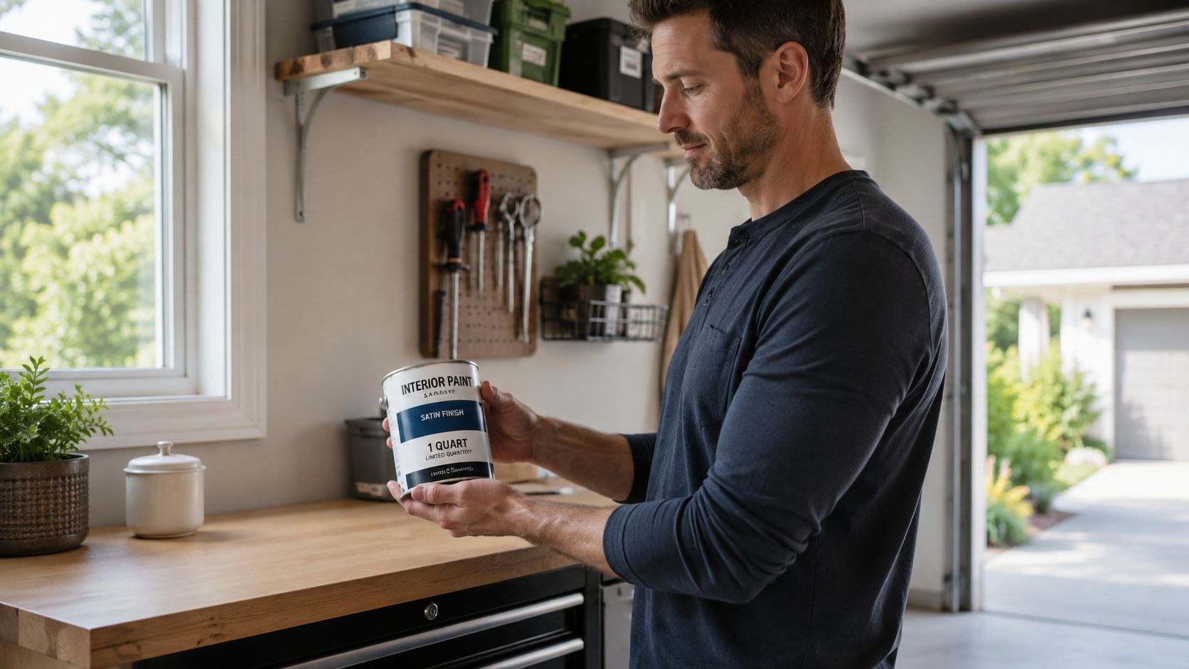 En mand holder en dåse med indendørs maling i sit garageværksted, mens han læser etiketten på produktet.