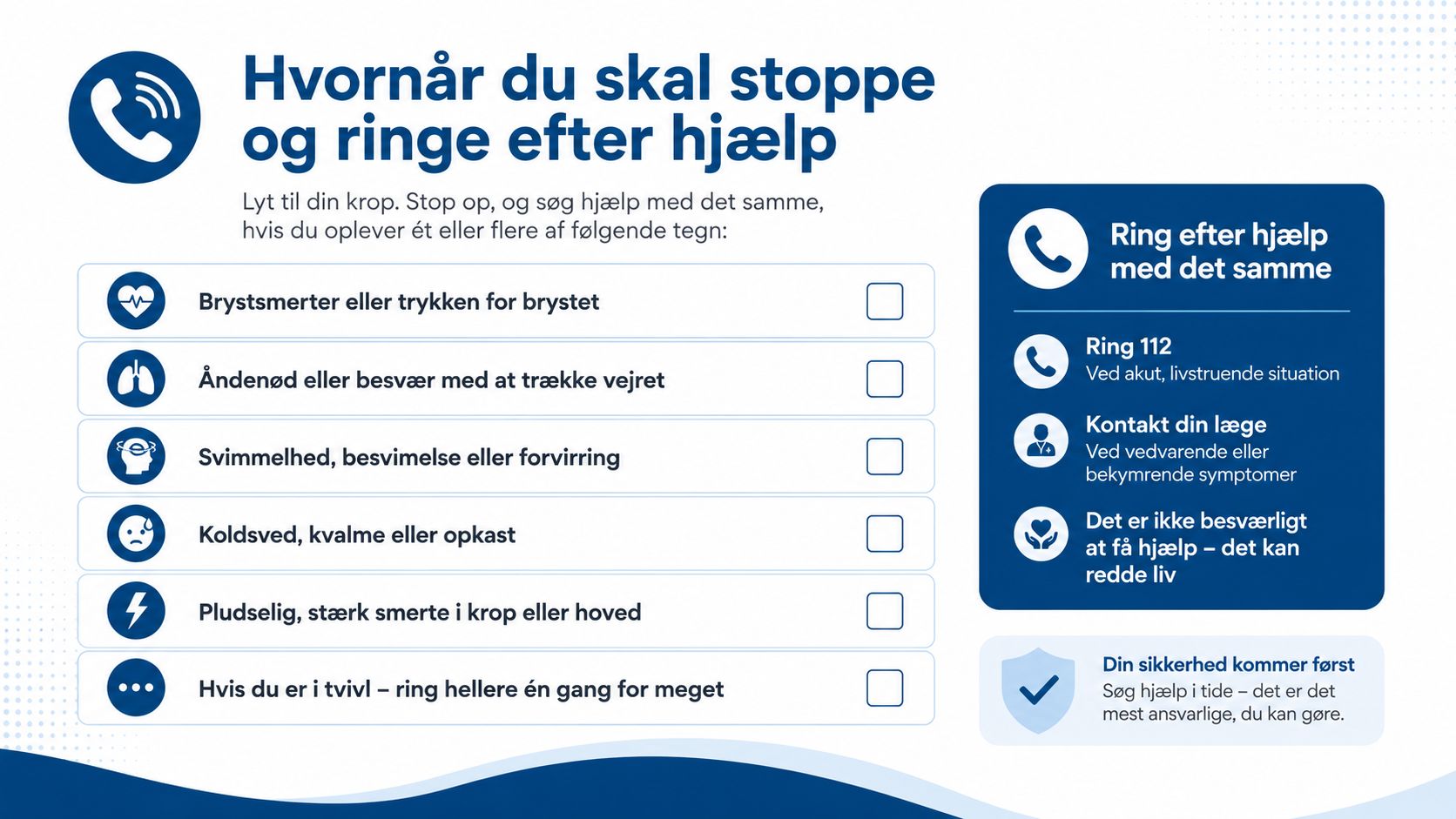 En infografik der viser symptomer på hvornår man bør stoppe op og ringe efter lægehjælp med det samme.