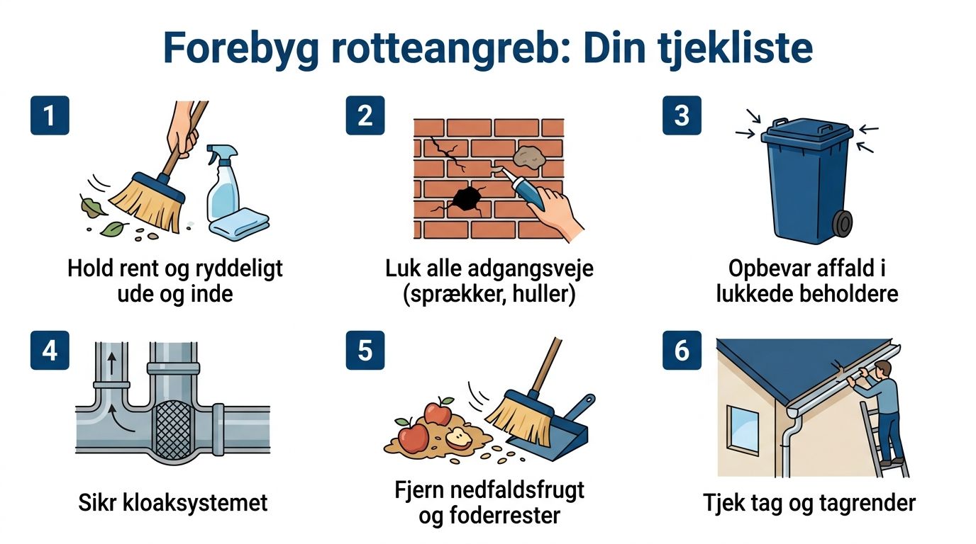 Tjekliste med seks gode råd til at forebygge rotteangreb i og omkring din bolig eller ejendom.