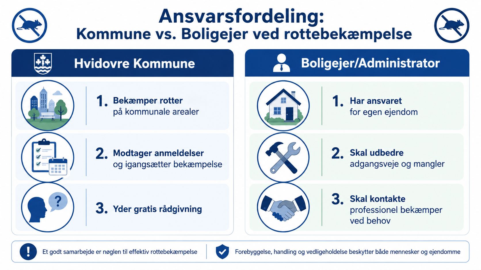 En infografik fra Hvidovre Kommune, der forklarer ansvarsfordelingen mellem kommunen og boligejere ved bekæmpelse af rotter.