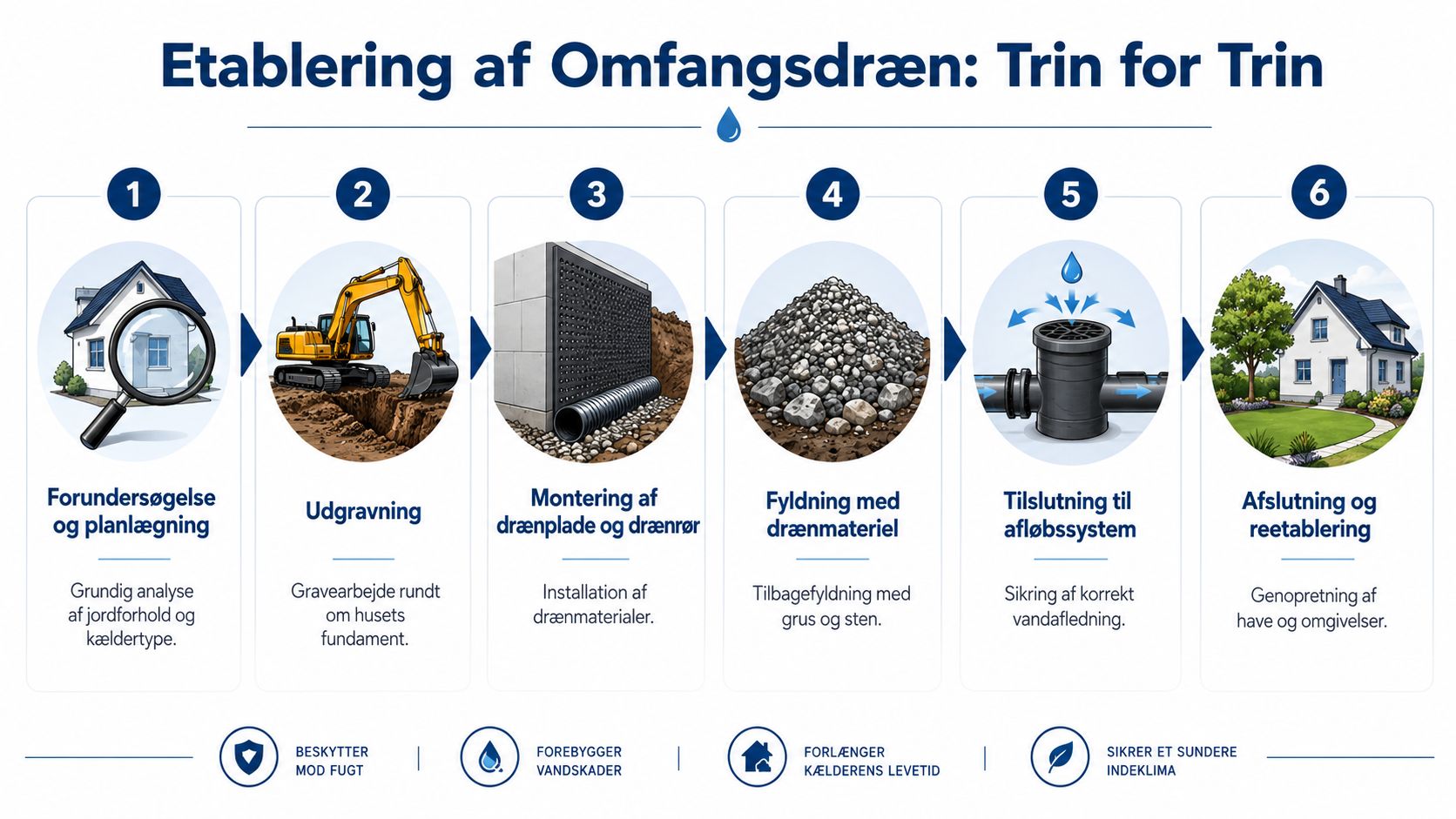 Illustration af seks trin til etablering af omfangsdræn omkring et hus for at sikre mod fugt.