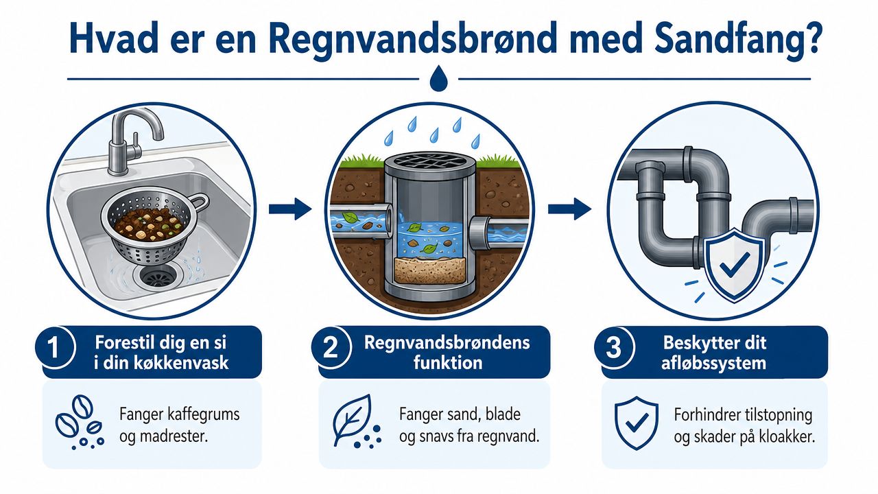 Illustration der viser hvordan en regnvandsbrønd med sandfang fungerer som et filter for dit afløbssystem.