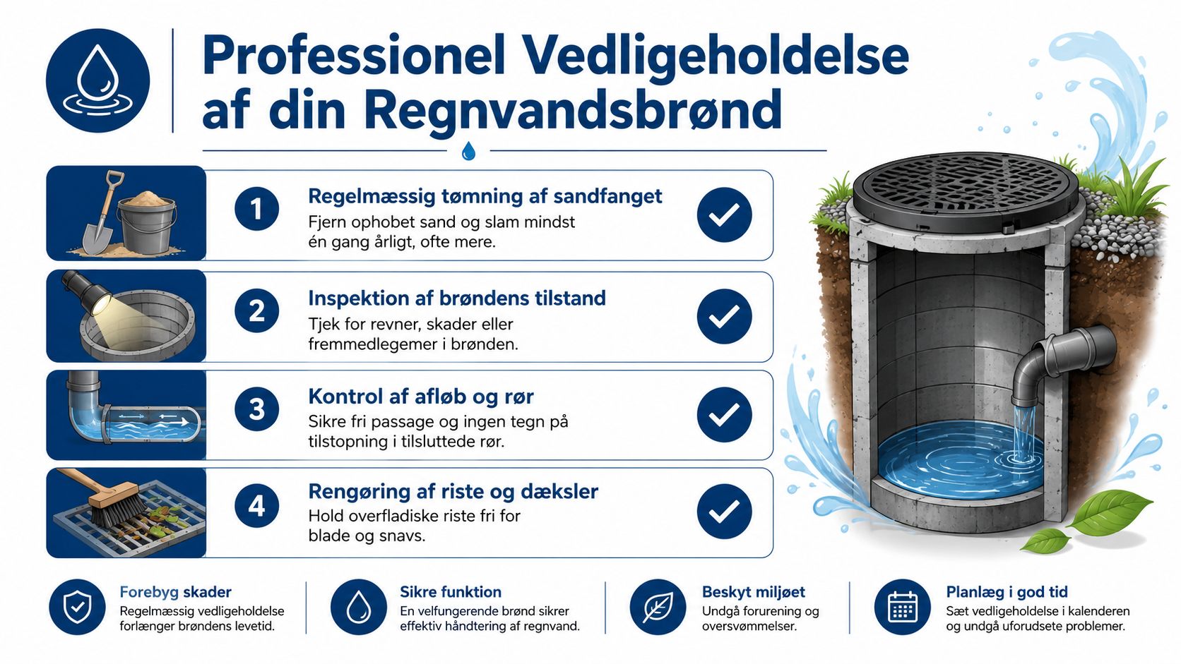 En infografik der illustrerer fire trin til professionel vedligeholdelse af en regnvandsbrønd med sandfang.