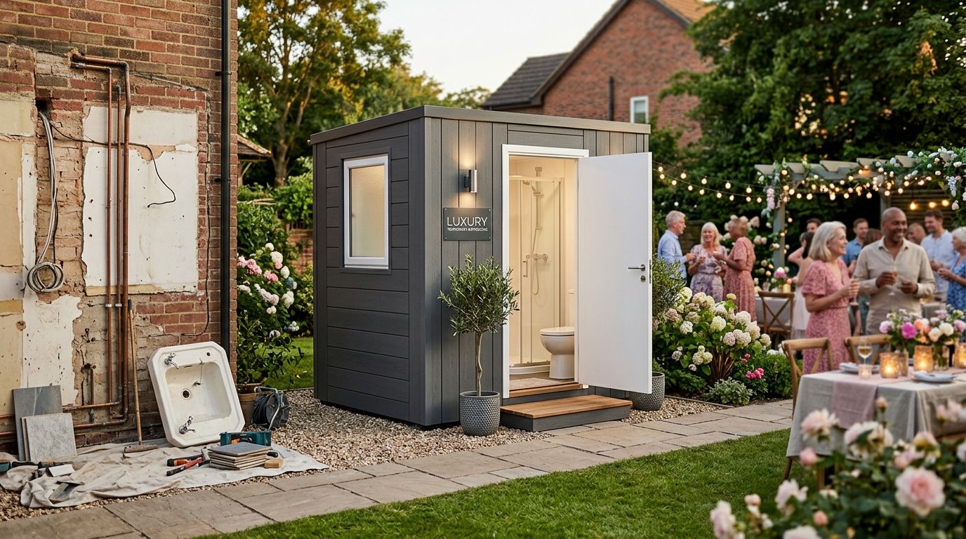 En luksuriøs bad og toiletvogn placeret i en hyggelig have under en havefest med glade gæster.