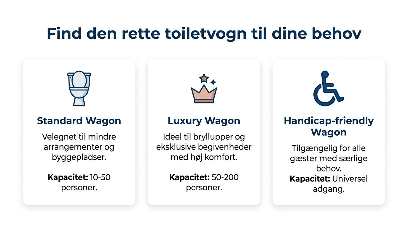 Oversigt over tre forskellige typer toiletvogne til leje, inklusiv standard, luksus og handicapvenlige modeller til arrangementer.