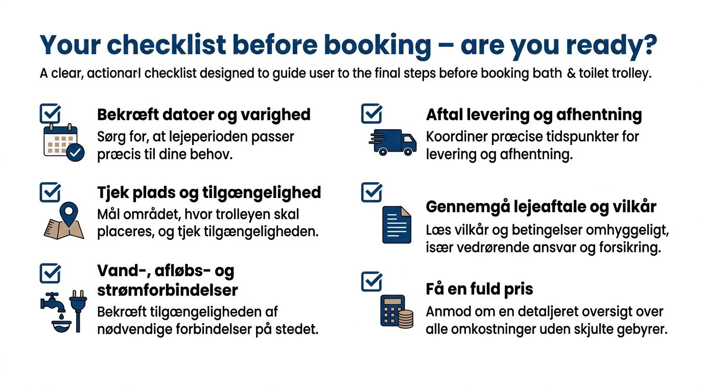 Tjekliste til leje af bad og toiletvogn med vigtige punkter for planlægning og booking før levering.