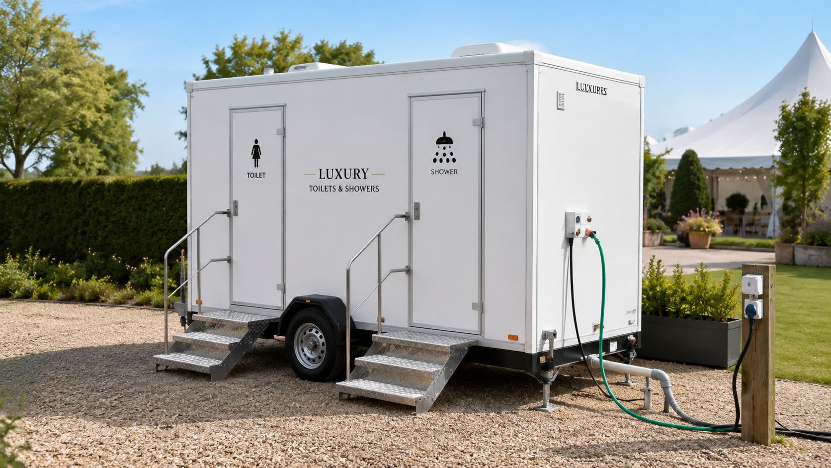 En mobil luksus toilet- og brusevogn placeret på en grusvej ved et havearrangement med hvidt telt.