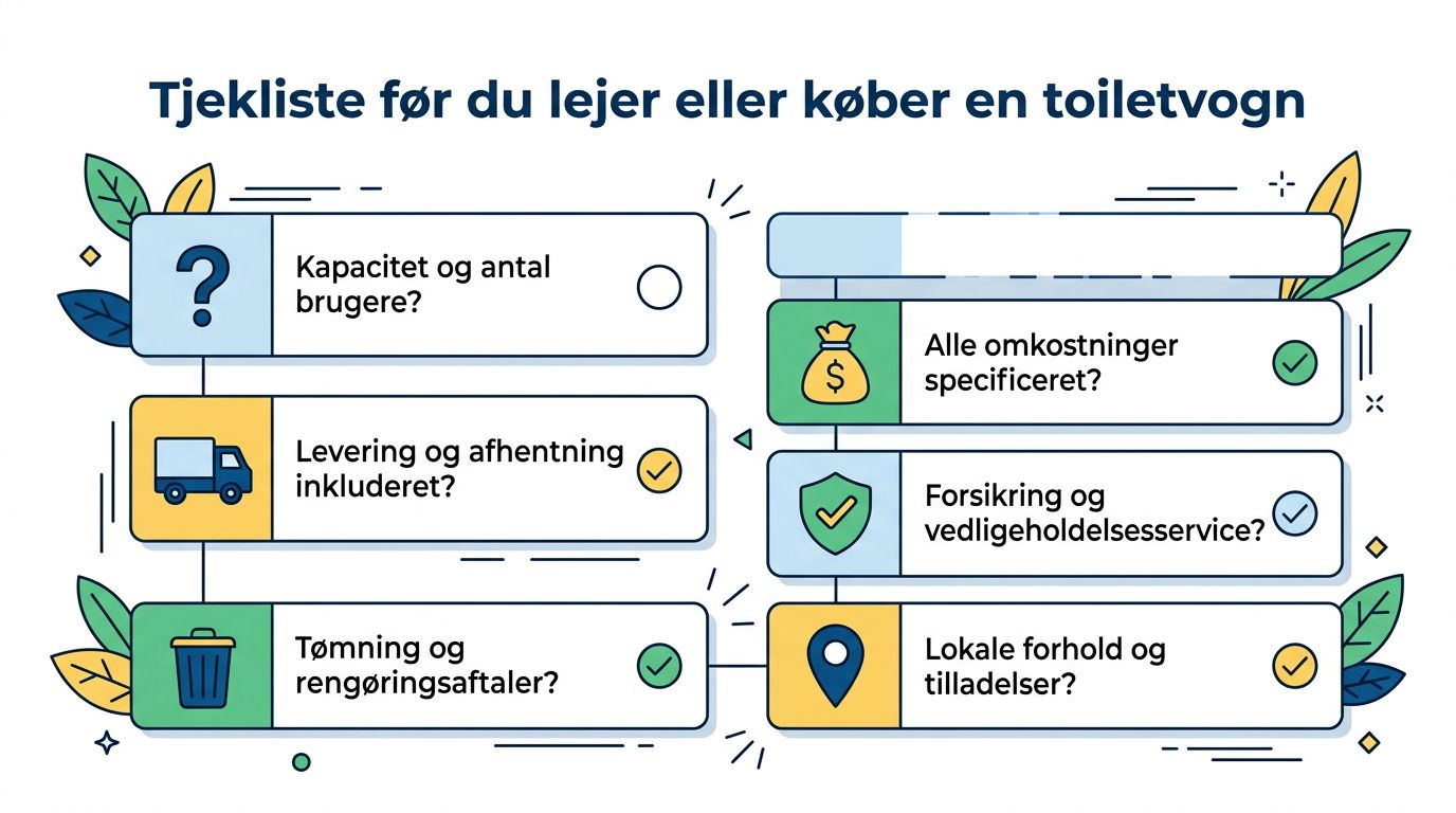 Tjekliste med vigtige overvejelser før leje eller køb af en toiletvogn, præsenteret som en overskuelig grafisk illustration.