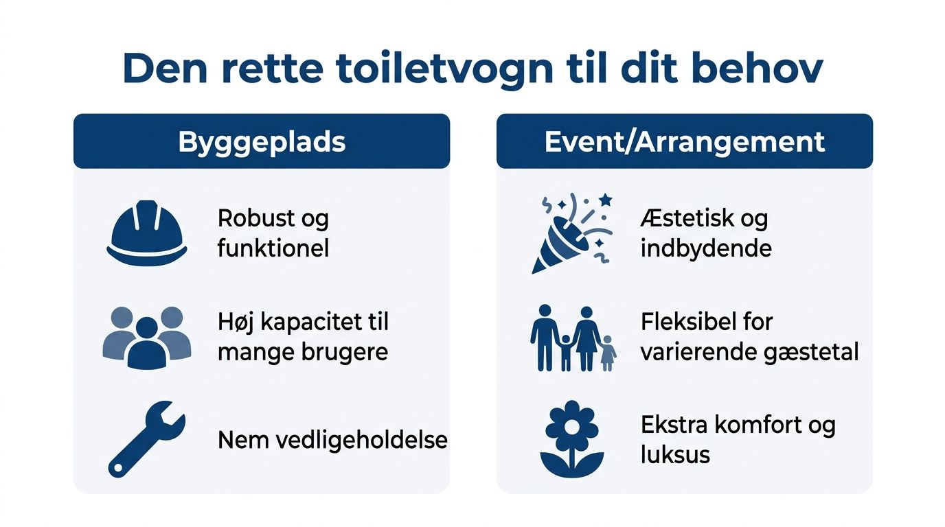 Oversigt over valg af den rigtige toiletvogn til enten byggeplads eller events med fokus på forskellige behov.