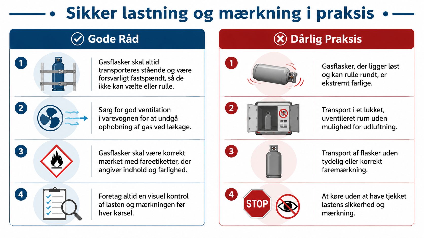En infografik der illustrerer sikker transport af gasflasker med gode råd og dårlig praksis på dansk.