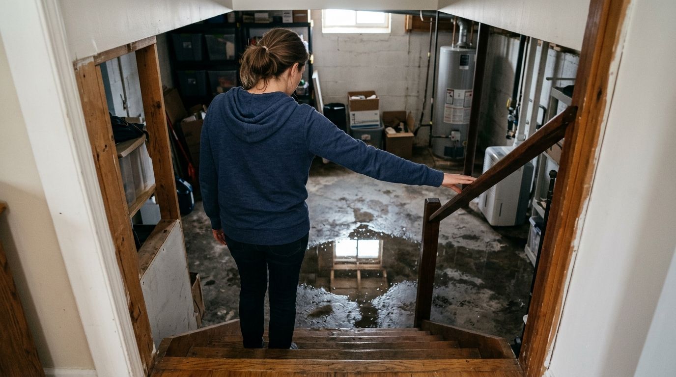 En kvinde står på trappen og ser en oversvømmelse i kælderen fra et sprunget rør eller lækage.