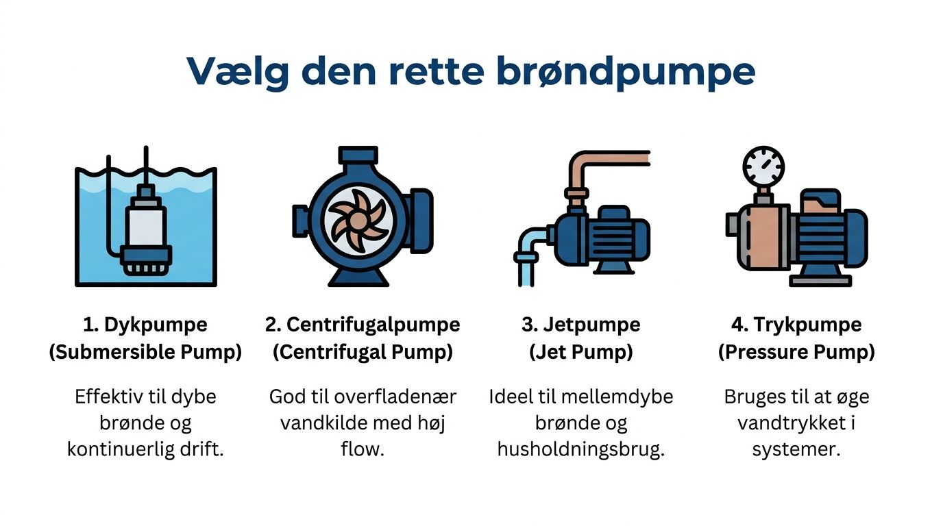 Illustration af fire forskellige typer brøndpumper med dansk beskrivelse til valg af den rette pumpe til brønden.