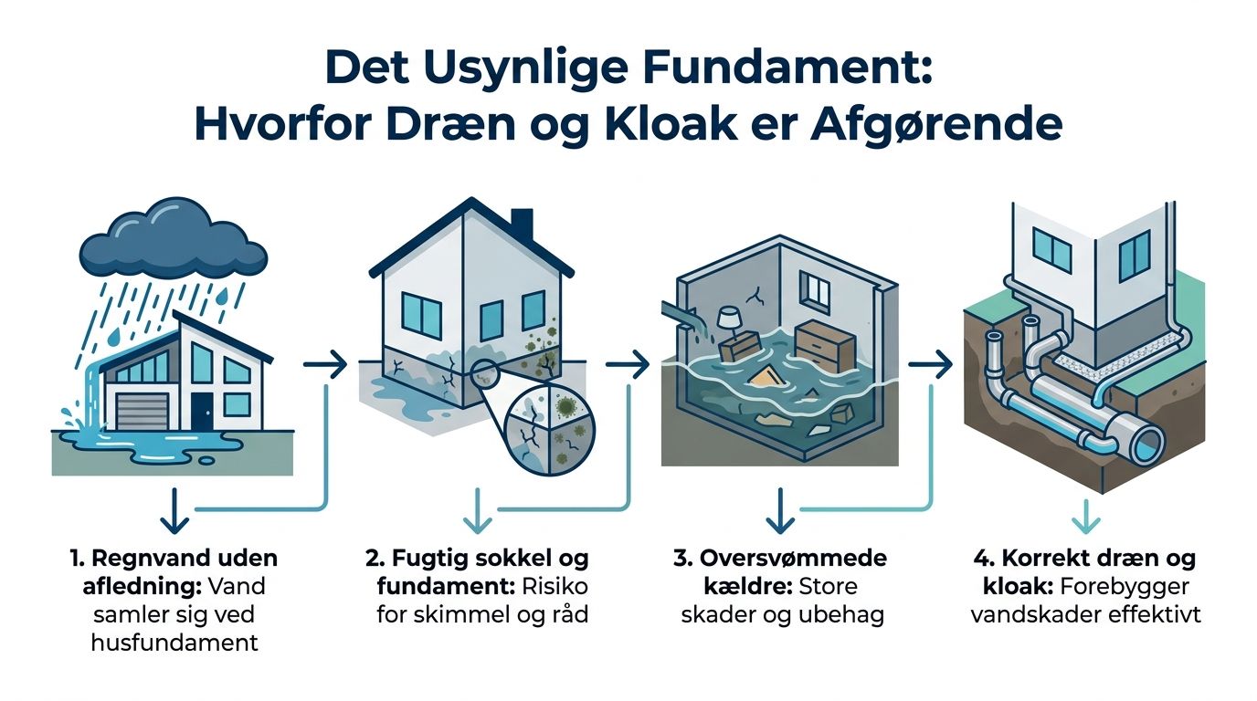En illustration der viser vigtigheden af korrekt dræn og kloakering for at undgå vandskader på husets fundament.