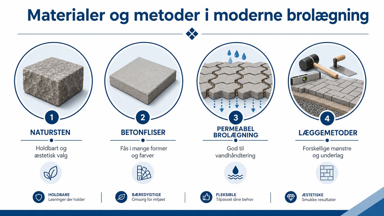 En infografik der viser fire centrale aspekter af moderne brolægning, inklusiv natursten, betonfliser og permeable løsninger.