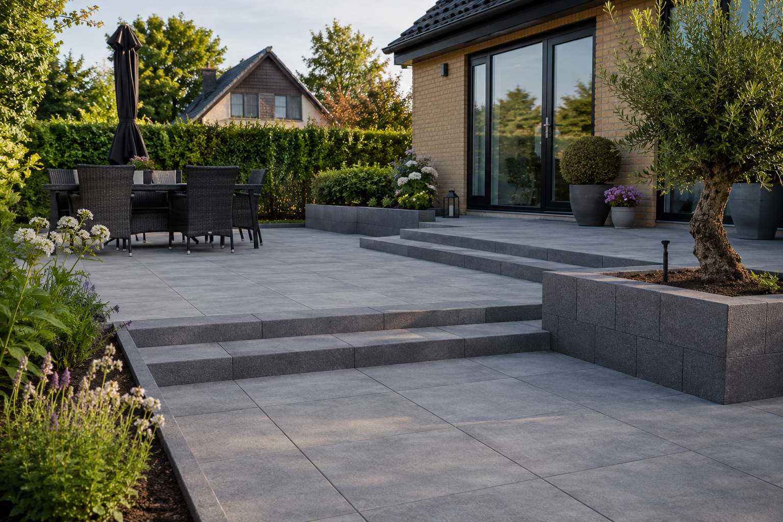 Flisebelagt terrasse ved moderne bolig