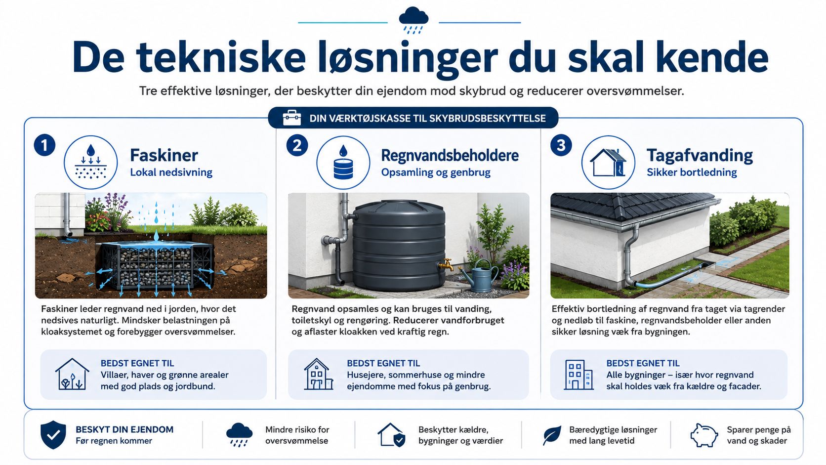 Infografik der viser tre effektive tekniske løsninger til skybrudssikring af ejendomme mod oversvømmelser og vandskader.