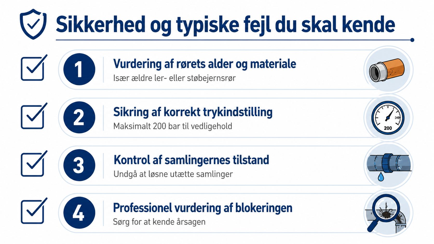 En infografik der viser fire vigtige sikkerhedsregler og typiske fejl ved højtryksspuling af kloakrør.